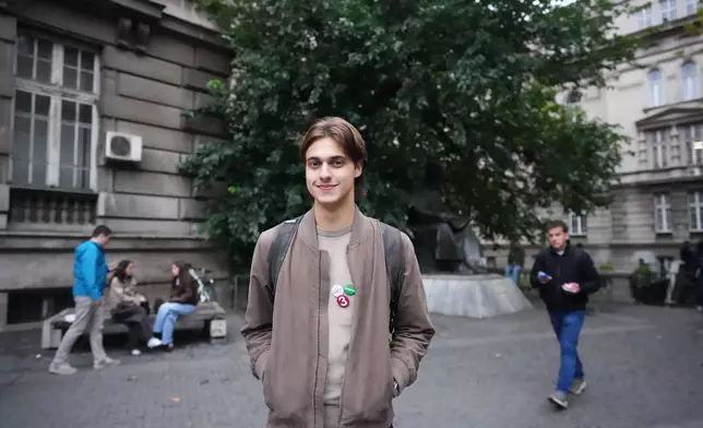 Mateja Radosavljevic, student of law, from Belgrade, 20, poses for a photo ahead of the election in Belgrade, Serbia, Thursday, Oct. 22, 2026. (AP Photo/Petr David Josek)