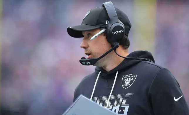 Las Vegas Raiders head coach Klint Kubiak looks on from the sidelines during an NFL football game against the New England Patriots in Foxborough, Mass., Sunday, Oct. 11, 2026. (AP Photo/Steven Senne)