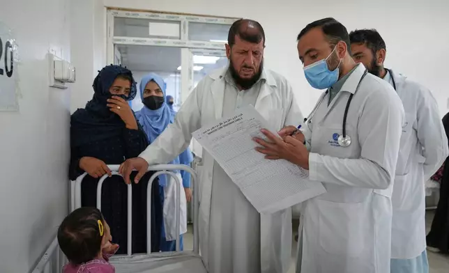 Doctors review a child's medical chart in the malnutrition ward at Indira Gandhi children's hospital in Kabul, Afghanistan, Monday, Oct. 12, 2026. (AP Photo/Siddiqullah Alizai)