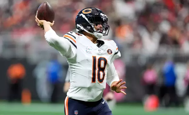 Chicago Bears quarterback Caleb Williams passes against the Atlanta Falcons during the first half of an NFL football game in Atlanta, Sunday, Oct. 18, 2026. (AP Photo/Brynn Anderson)