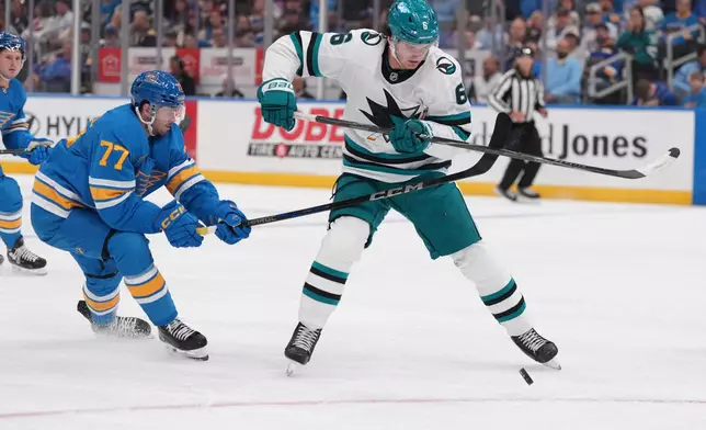 San Jose Sharks' Sam Dickinson (6) and St. Louis Blues' Connor McMichael (77) battle for a loose puck during the third period of an NHL hockey game Thursday, Oct. 8, 2026, in St. Louis. (AP Photo/Jeff Roberson)