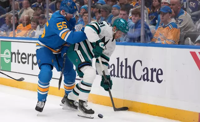 San Jose Sharks' Alexander Wennberg (21) and St. Louis Blues' Colton Parayko (55) battle for a loose puck during the first period of an NHL hockey game Thursday, Oct. 8, 2026, in St. Louis. (AP Photo/Jeff Roberson)