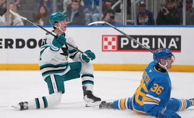 San Jose Sharks' Collin Graf (51) watches his goal past St. Louis Blues' Adam Jiricek (36) during the third period of an NHL hockey game Thursday, Oct. 8, 2026, in St. Louis. (AP Photo/Jeff Roberson)