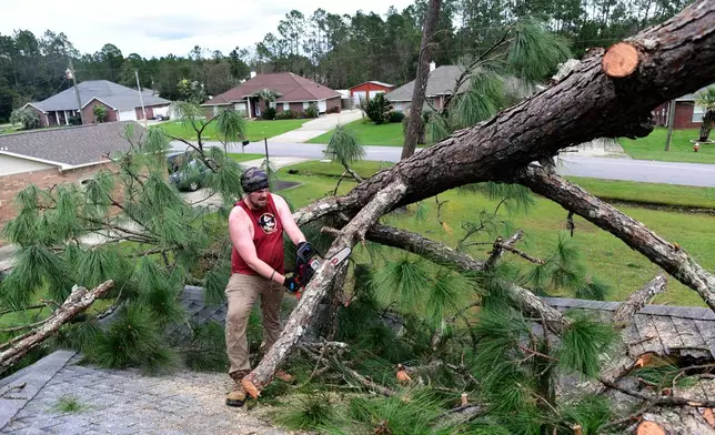 Jeff Lundy cuts up a pine tree that fell on his father-in-law's house during Isaias on Saturday, Oct. 10, 2026, in Milton, Fla. (AP Photo/Octavio Jones)