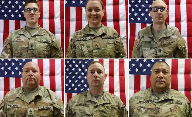 This combination of photos released by the U.S. Army taken on May 16, 2025, shows from top left, Sgt. Declan Coady, Master Sgt. Nicole Amor, Maj. Cody Khork, Master Sgt. Noah Tietjens, Maj. Jeffrey O’Brien and Chief Warrant Officer 3 Robert Marzan, after they were killed following an Iranian drone strike on March 1, 2026, in Port Shuaiba in Kuwait. (U.S. Army via AP)