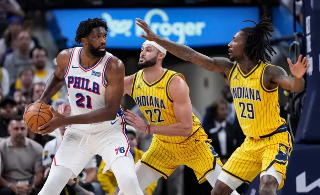 Indiana Pacers guard Quenton Jackson (29) and forward Larry Nance Jr. (22) defend Philadelphia 76ers center Joel Embiid (21) during the first half of an NBA basketball game in Indianapolis, Wednesday, Oct. 28, 2026. (AP Photo/Michael Conroy)