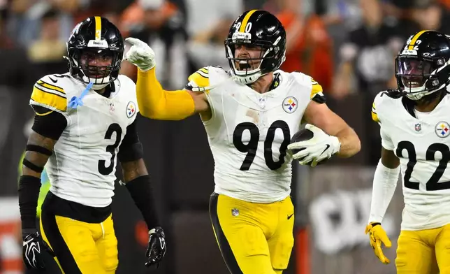 Pittsburgh Steelers linebacker T.J. Watt celebrates against the Cleveland Browns during the second half of an NFL football game in Cleveland, Thursday, Oct. 1, 2026. (AP Photo/David Richard)