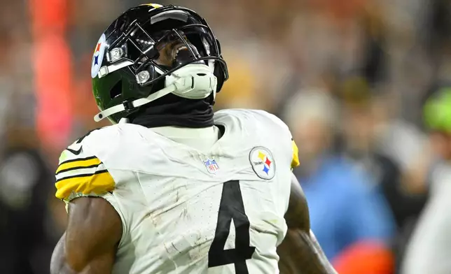Pittsburgh Steelers wide receiver Dk Metcalf celebrates against the Cleveland Browns during the second half of an NFL football game in Cleveland, Thursday, Oct. 1, 2026. (AP Photo/David Richard)