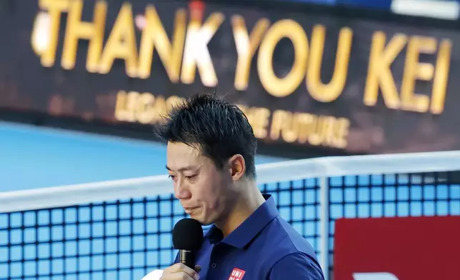 Japan's Kei Nishikori speaks following his first round loss to Frances Tiafoe of the U.S., at the Japan Open tennis championship in Tokyo, Thursday, Oct. 1, 2026. (Daiki Katagiri/Kyodo News via AP)