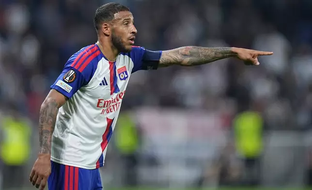 Lyon's Corentin Tolisso gestures during the Europa League opening phase soccer match between Lyon and Crystal Palace in Lyon, France, Thursday, Oct. 15, 2026. (AP Photo/Laurent Cipriani)
