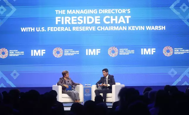 International Monetary Fund (IMF) Managing Director Kristalina Georgieva, left, talks to U.S. Federal Reserve Chairman Kevin Warsh during the annual meetings of the International Monetary Fund and the World Bank Group in Bangkok, Thailand, Friday, Oct. 16, 2026. (AP Photo/Dhitaraht Dhanarahtsombat)