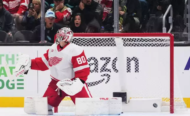 Detroit Red Wings goaltender Daniil Tarasov reacts after a goal by Seattle Kraken defenseman Brandon Montour during the second period of an NHL hockey game Tuesday, Oct. 20, 2026, in Seattle. (AP Photo/Lindsey Wasson)