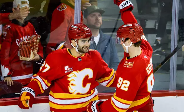 Calgary Flames' Matt Coronato, left, celebrates after his goal with teammate Matvei Gridin, right, during the third period of an NHL hockey game against the Seattle Kraken in Calgary, Alberta, Friday, Oct. 30, 2026. (Jeff McIntosh/The Canadian Press via AP)