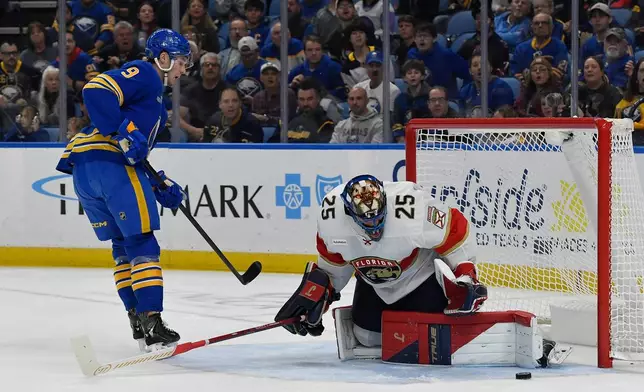 Florida Panthers goalie Jacob Markstrom, right, makes a save against Buffalo Sabres center Josh Norris (9) during the first period of an NHL hockey game Monday, Oct. 12, 2026, in Buffalo, N.Y. (AP Photo/Adrian Kraus)