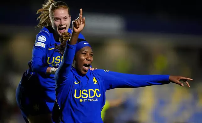Chelsea's Kadeisha Buchanan celebrates scoring their side's second goal of the game during a Women's Champions League soccer match between Chelsea and Roma, Wednesday, Oct. 28, 2026, in London. (John Walton/PA via AP)
