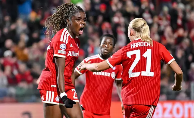 Bayern's Edna Imade celebrates after scoring during the Champions League soccer match between Bayern Munich and Real Madrid, in Munich, Germany, Wednesday, Oct. 28, 2026. (Harry Langer/dpa via AP)