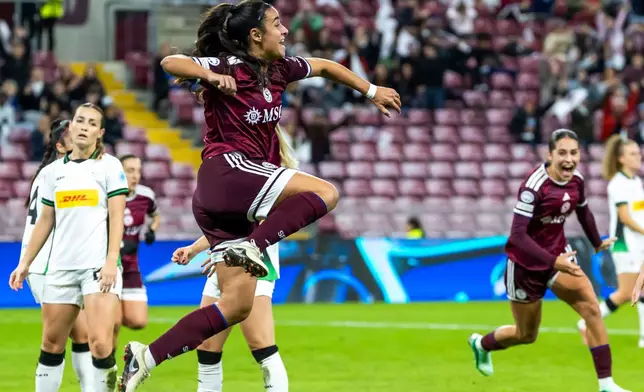Servette's Paola Hernandez celebrates after scoring a goal during a Women's Champions League soccer match between Servette FC Chenois Feminin and OH Leuven in Geneva, Switzerland, Wednesday, Oct. 28, 2026. (Salvatore Di Nolfi/Keystone via AP)