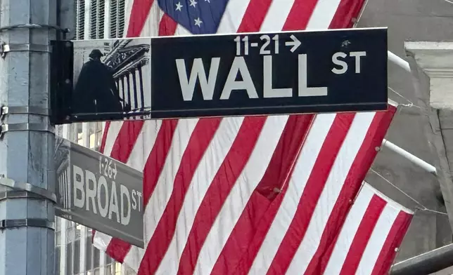 FILE - Signs at the intersection of Broad and Wall Streets stand near flags flying from the New York Stock Exchange on Sept. 4, 2024, in New York. (AP Photo/Peter Morgan, File)