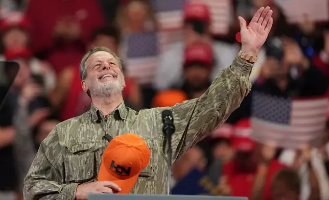 Ted Nugent speaks before President Donald Trump at a campaign rally at Heartland Credit Union Arena, Monday, Oct. 19, 2026, in Park City, Kan. (AP Photo/Charlie Riedel)