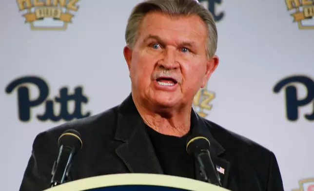 FILE - Former NFL coach and University of Pittsburgh alumnus, Mike Ditka speaks at a news conference for the retirement of the No. 75 jersey for former Pittsburgh offensive lineman Jim Covert before an NCAA football game between the Pittsburgh and the Notre Dame, Saturday, Nov. 7, 2015 in Pittsburgh. (AP Photo/Keith Srakocic, File)