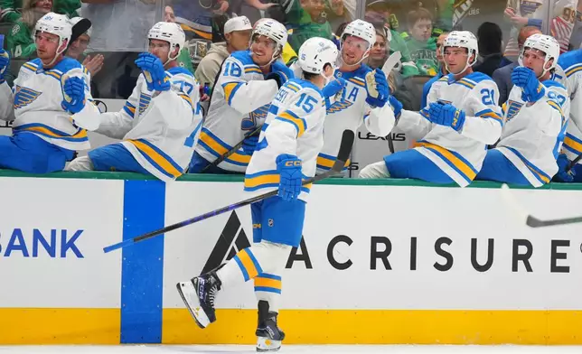 St. Louis Blues right wing Dalibor Dvorsky (15) skates by his bench after scoring a goal against the Dallas Stars during the second period of an NHL hockey game Friday, Oct. 2, 2026, in Dallas. (AP Photo/Julio Cortez)