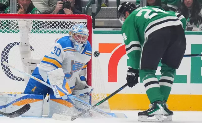Dallas Stars center Roope Hintz, right, attacks against St. Louis Blues goaltender Joel Hofer during the second period of an NHL hockey game Friday, Oct. 2, 2026, in Dallas. (AP Photo/Julio Cortez)