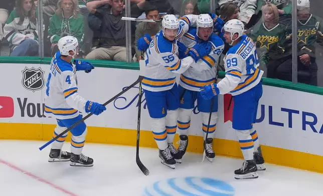 St. Louis Blues center Mason McTavish (83) celebrates his first period goal with teammates Theo Lindstein (4), Colton Parayko (55) and Pavel Buchnevich (89) during an NHL hockey game against the Dallas Stars, Friday, Oct. 2, 2026, in Dallas. (AP Photo/Julio Cortez)