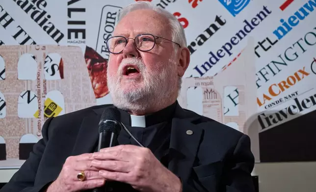 Vatican Secretary for Relations with States, Archbishop Paul Gallagher speaks during a press conference at the Foreign Press Association's headquarters in Rome, Tuesday, Oct. 27, 2026, in Rome, France. (AP Photo/Domenico Stinellis)