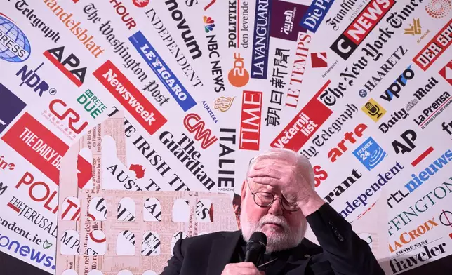 Vatican Secretary for Relations with States, Archbishop Paul Gallagher speaks during a press conference at the Foreign Press Association's headquarters in Rome, Tuesday, Oct. 27, 2026, in Rome, France. (AP Photo/Domenico Stinellis)
