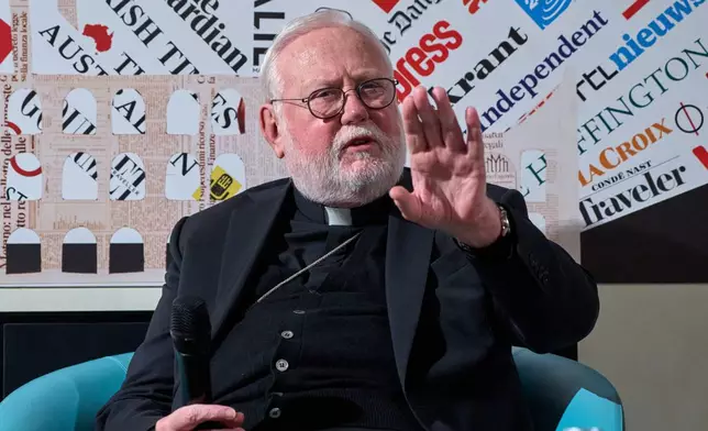 Vatican Secretary for Relations with States, Archbishop Paul Gallagher speaks during a press conference at the Foreign Press Association's headquarters in Rome, Tuesday, Oct. 27, 2026, in Rome, France. (AP Photo/Domenico Stinellis)