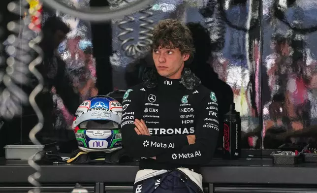 Mercedes driver Kimi Antonelli of Italy prepares for the second practice session for the Formula One United States Grand Prix auto race at Circuit of the Americas in Austin, Texas, Friday, Oct. 23, 2026. (AP Photo/Eric Vryn)