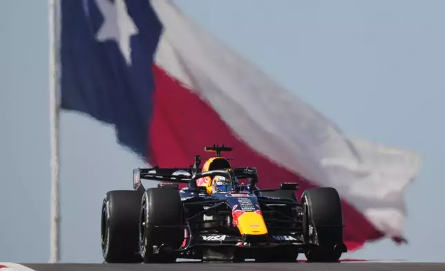 Red Bull driver Max Verstappen of the Netherlands steers his car out of a turn during the first practice session for the Formula One United States Grand Prix auto race at Circuit of the Americas in Austin, Texas, Friday, Oct. 23, 2026. (AP Photo/Eric Gay)