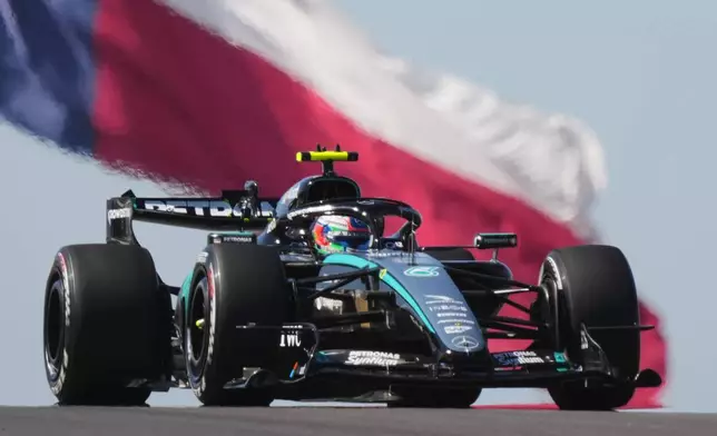 Mercedes driver Kimi Antonelli of Italy steers his car into a turn during the first practice session for the Formula One United States Grand Prix auto race at Circuit of the Americas in Austin, Texas, Friday, Oct. 23, 2026. (AP Photo/Eric Gay)