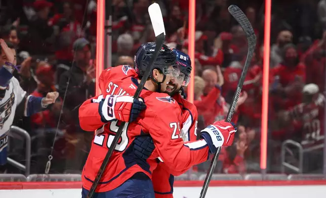 Washington Capitals right wing Alex Tuch, right, celebrates his goal with defenseman Jack St. Ivany, left, during the first period of an NHL hockey game, Wednesday, Oct. 28, 2026, in Washington. (AP Photo/Nick Wass)
