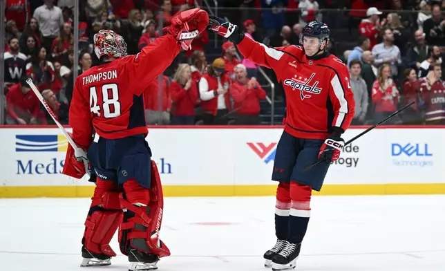 Washington Capitals left wing Aliaksei Protas (21), right, celebrates his goal with goaltender Logan Thompson (48) during the second period of an NHL hockey game against the Philadelphia Flyers, Wednesday, Oct. 28, 2026, in Washington. (AP Photo/Nick Wass)