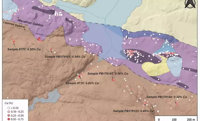 Figure 4: Surface grab samples in Layered Series rocks at the Skipper Prospect.