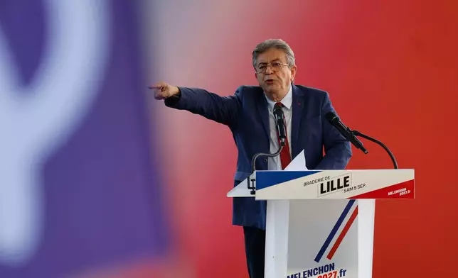 FILE - French far-left leader Jean-Luc Melenchon, candidate at the presidential election gives a speech during the annual Braderie in Lille, northern France, Saturday, Sept. 5, 2026. (AP Photo/Jean-Francois Badias, file)