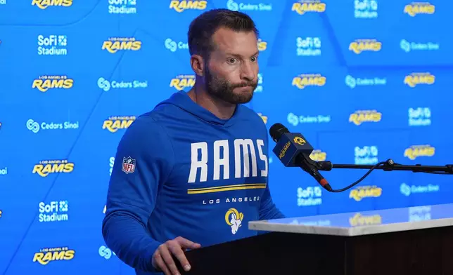 Los Angeles Rams head coach Sean McVay speaks at a news conference after an NFL football game against the Arizona Cardinals in Inglewood, Calif., Sunday, Oct. 18, 2026. (AP Photo/Gregory Bull)