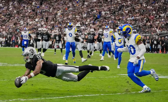 Las Vegas Raiders wide receiver Jalen Nailor, left, attempts to make a catch in front of Los Angeles Rams cornerback Josh Wallace during the second half of an NFL football game Sunday, Oct. 25, 2026, in Las Vegas. (AP Photo/John Locher)