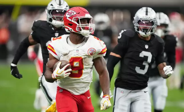 Kansas City Chiefs running back Kenneth Walker (9) runs during the second half of an NFL football game against the Las Vegas Raiders in Las Vegas, Sunday, Oct. 4, 2026. (AP Photo/Rick Scuteri)