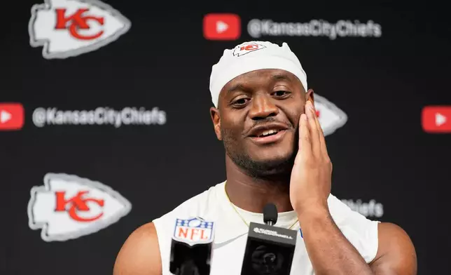 Kansas City Chiefs running back Kenneth Walker speaks during a news conference after an NFL football game against the Las Vegas Raiders in Las Vegas, Sunday, Oct. 4, 2026. (AP Photo/John Locher)
