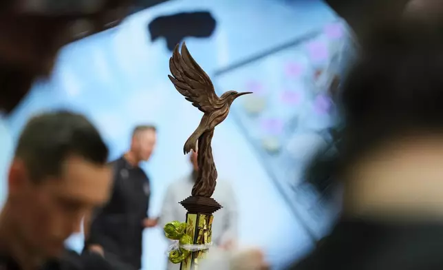 A chocolate bird, created by Johannes Warmuth of Austria, on display during the World Chocolate Masters event in Antwerp, Belgium, Monday, Oct. 26, 2026. (AP Photo/Virginia Mayo)