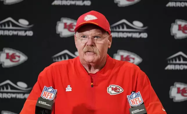 Kansas City Chiefs head coach Andy Reid responds to a question during a news conference after an NFL football game against the Los Angeles Chargers in Kansas City, Mo., Sunday, Oct. 18, 2026. (AP Photo/Charlie Riedel)