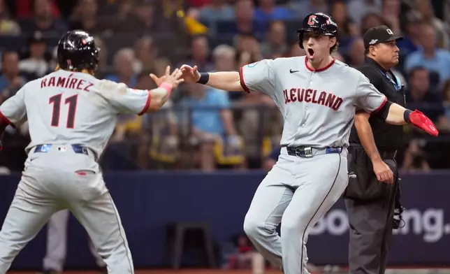 Cleveland Guardians' José Ramírez and Chase DeLauter celebrate after scoring on a single by Nathaniel Lowe against the Tampa Bay Rays during the eighth inning in Game 1 of an American League Championship Series baseball game in St. Petersburg, Fla. Monday, Oct. 12, 2026. (AP Photo/David J. Phillip)