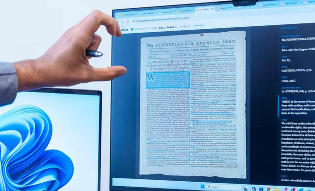 Smithsonian data scientist Mike Trizna, shows a copy on a computer screen of the first printed publication of the Declaration of Independence, Tuesday, Sept. 29, 2026, in Washington. (AP Photo/Manuel Balce Ceneta)