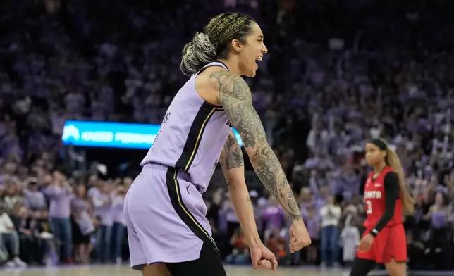 Golden State Valkyries forward Gabby Williams celebrates after Game 1 of the WNBA basketball finals against the Atlanta Dream, Saturday, Oct. 17, 2026, in San Francisco. (AP Photo/Jeff Chiu)