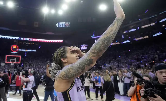 Golden State Valkyries forward Gabby Williams celebrates after Game 1 of the WNBA basketball finals against the Atlanta Dream, Saturday, Oct. 17, 2026, in San Francisco. (AP Photo/Jeff Chiu)