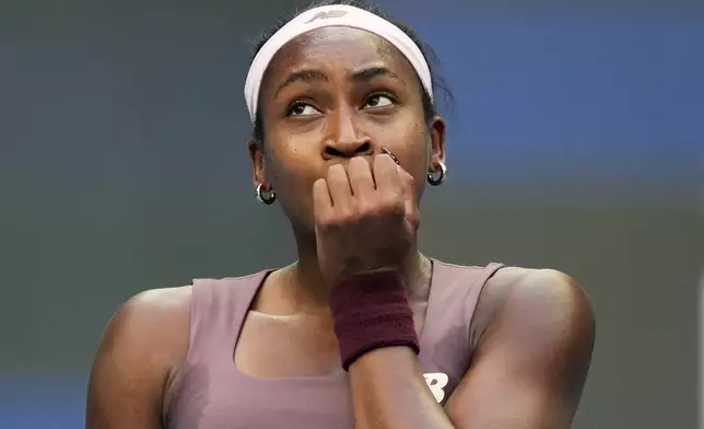 Coco Gauff of the United States reacts during play against Elise Mertens of Belgium in the fourth round of the women's singles match at the China Open tennis tournament in Beijing, Wednesday, Oct. 7, 2026. (AP Photo/Achmad Ibrahim)