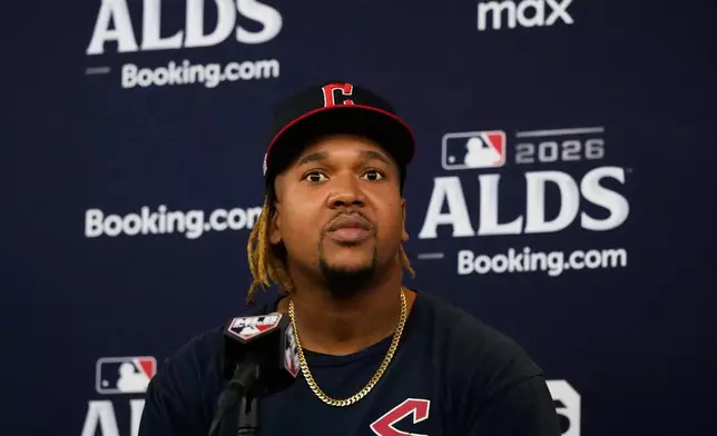 Cleveland Guardians' Jose Ramirez talks to media during a baseball press conference, Tuesday, Oct. 6, 2026, in Chicago, ahead of Wednesday's Game 3 of a American League Division Series against the Chicago White Sox. (AP Photo/Nam Y. Huh)