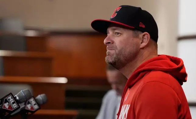 Cleveland Guardians manager Stephen Vogt talks to media during a baseball press conference, Tuesday, Oct. 6, 2026, in Chicago, ahead of Wednesday's Game 3 of a American League Division Series against the Chicago White Sox. (AP Photo/Nam Y. Huh)